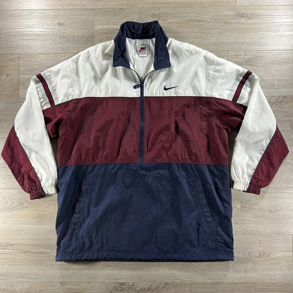 VTG Nike Men's XL Colorblock Windbreaker Jacket White Burgundy Navy Half‎ Zip
